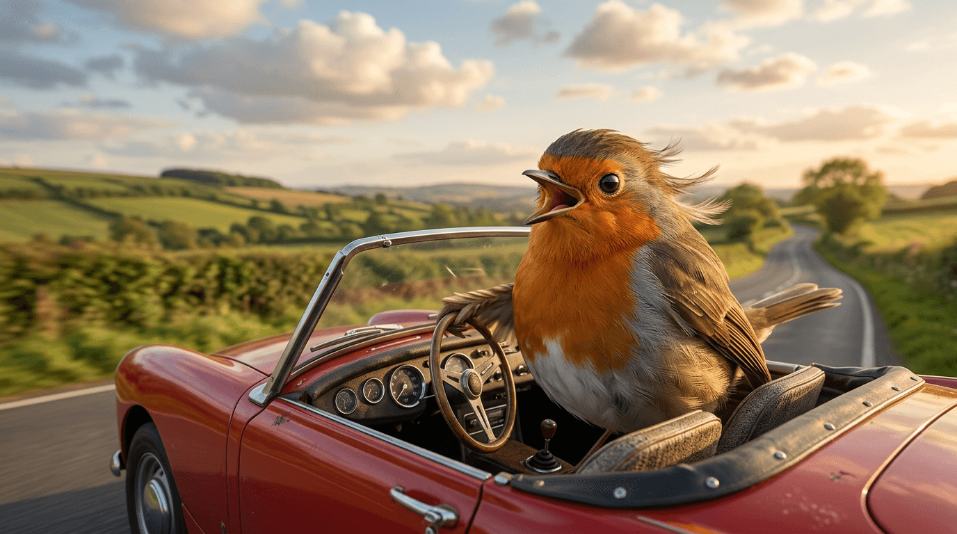 A robin driving a red convertible, made with Nano Banana 2 on Flixly
