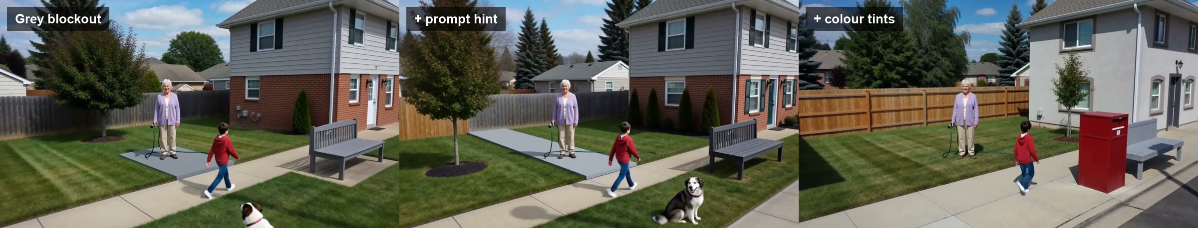 Three renders of the same suburban scene side by side: with a grey blockout the paving and props stay grey; with a prompt hint the bench changes but the rest stays grey; with colour tints in the blockout a red mailbox, a dark asphalt street and a concrete sidewalk appear