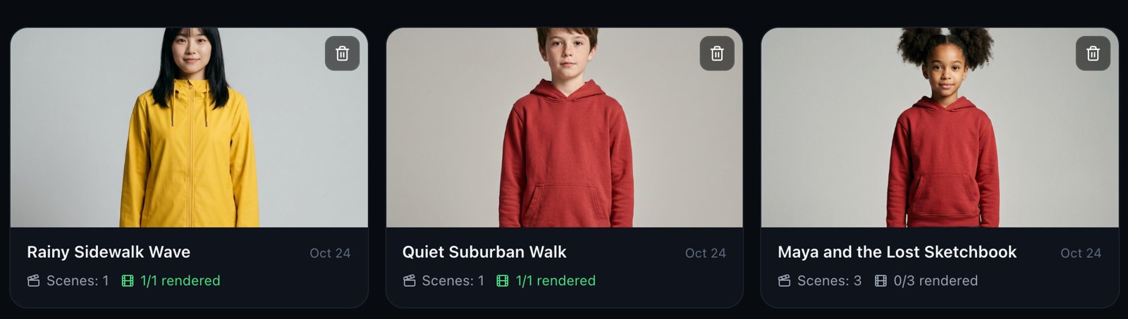 The Blockout Studio projects page with three projects: Rainy Sidewalk Wave, Quiet Suburban Walk and Maya and the Lost Sketchbook, each with a character image and its rendered scene count