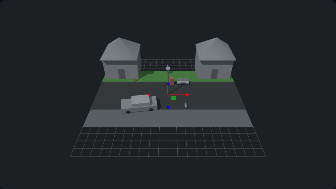 An overhead view of the suburban street blockout in the editor's free camera, with the houses, the green lawn, the dark street, a car, a bench, a street lamp and a red mailbox