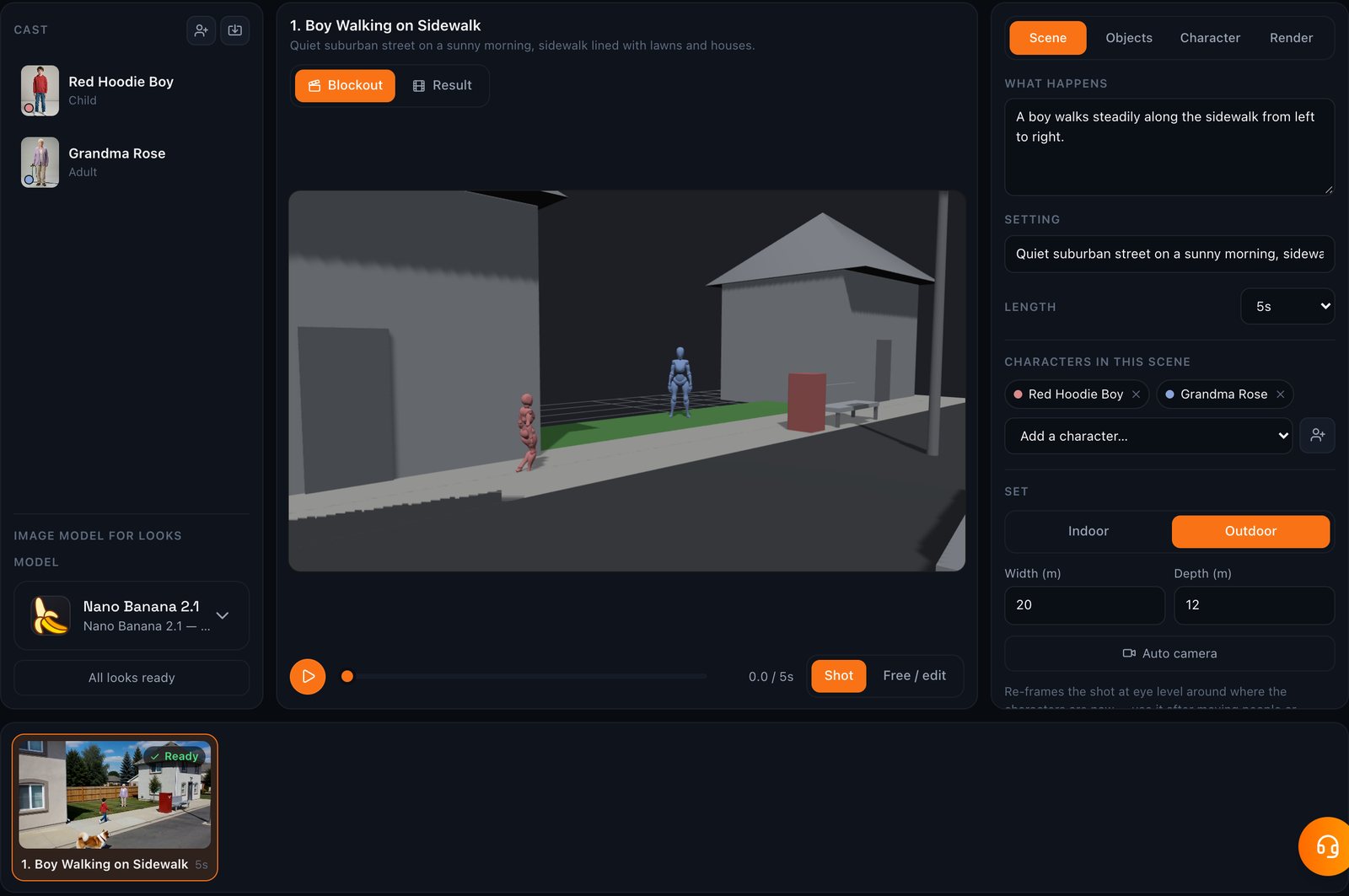 The Blockout Studio workspace: the cast on the left, the 3D stage of a suburban street with two mannequins, a red mailbox and a bench in the middle, the Scene panel on the right, and the finished render in the scene strip at the bottom