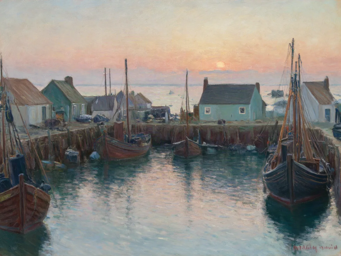 The same harbour prompt and seed with the Monet-style LoRA at full strength: broken Impressionist brushstrokes, muted morning colours and tall-masted boats close to the viewer