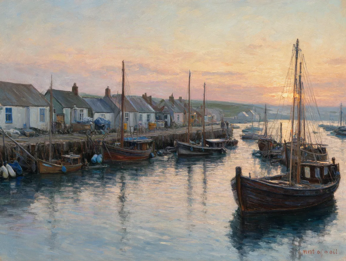 The same harbour prompt and seed with the Monet-style LoRA at half strength: looser brushwork, softer pastel colours and a hazier sky