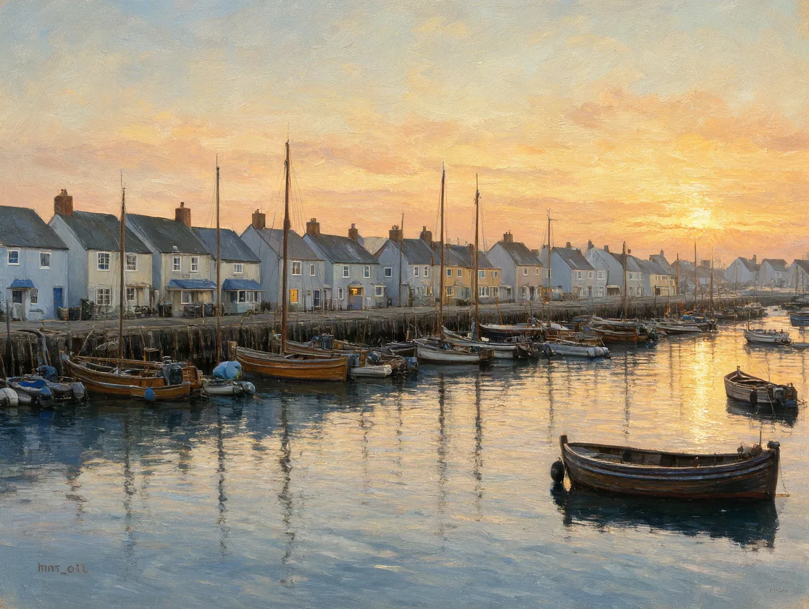 A FLUX 3 Klein painting of a fishing harbour at sunrise without any LoRA: crisp white houses along the quay, neat wooden boats and a bright golden sky