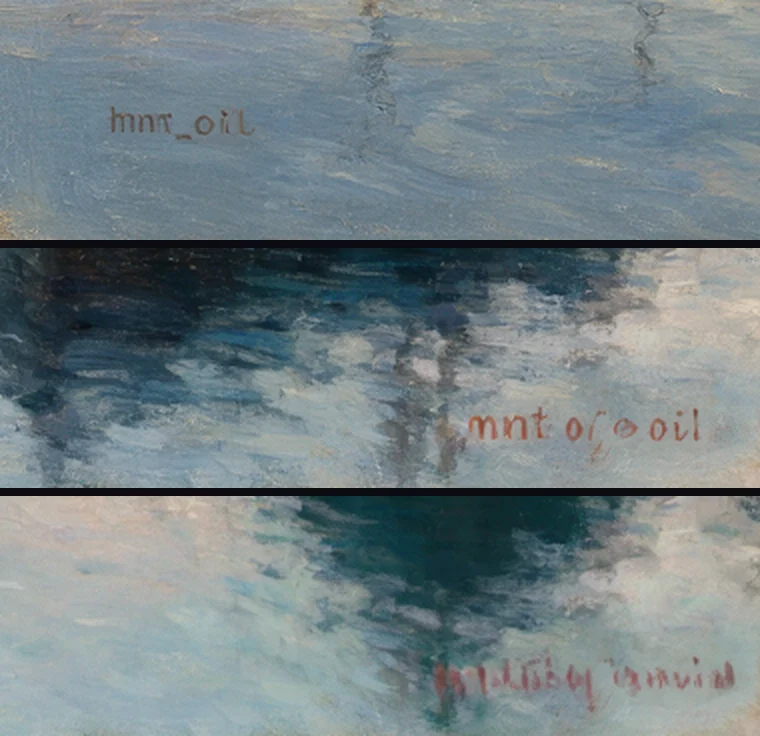 Close-ups of the bottom corner of the three harbour images, top to bottom: without the LoRA the trigger word mnt_oil is painted as plain text, at half strength it is garbled, and at full strength it becomes an illegible red painter's signature