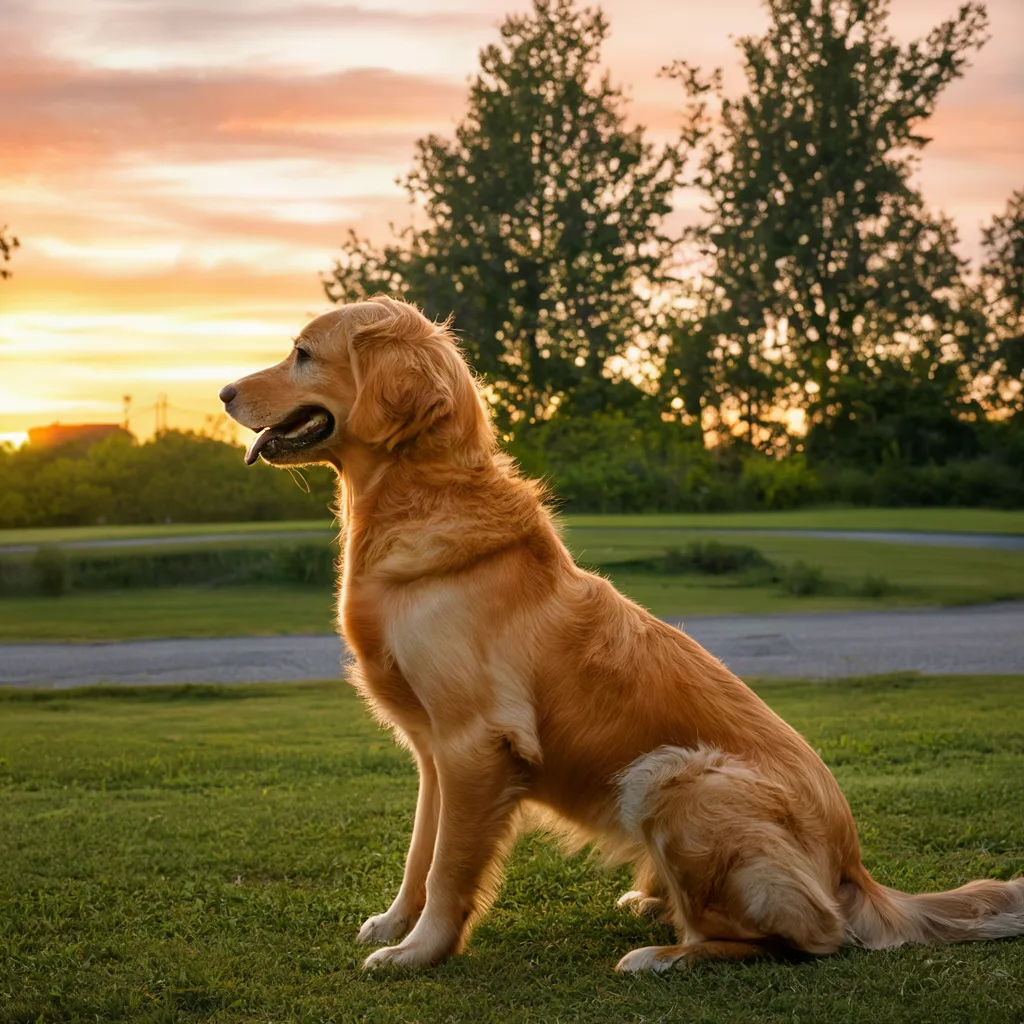 The retriever re-rendered by the Multiple Angles LoRA from the left side at eye level, the dog in profile facing left against the sunset