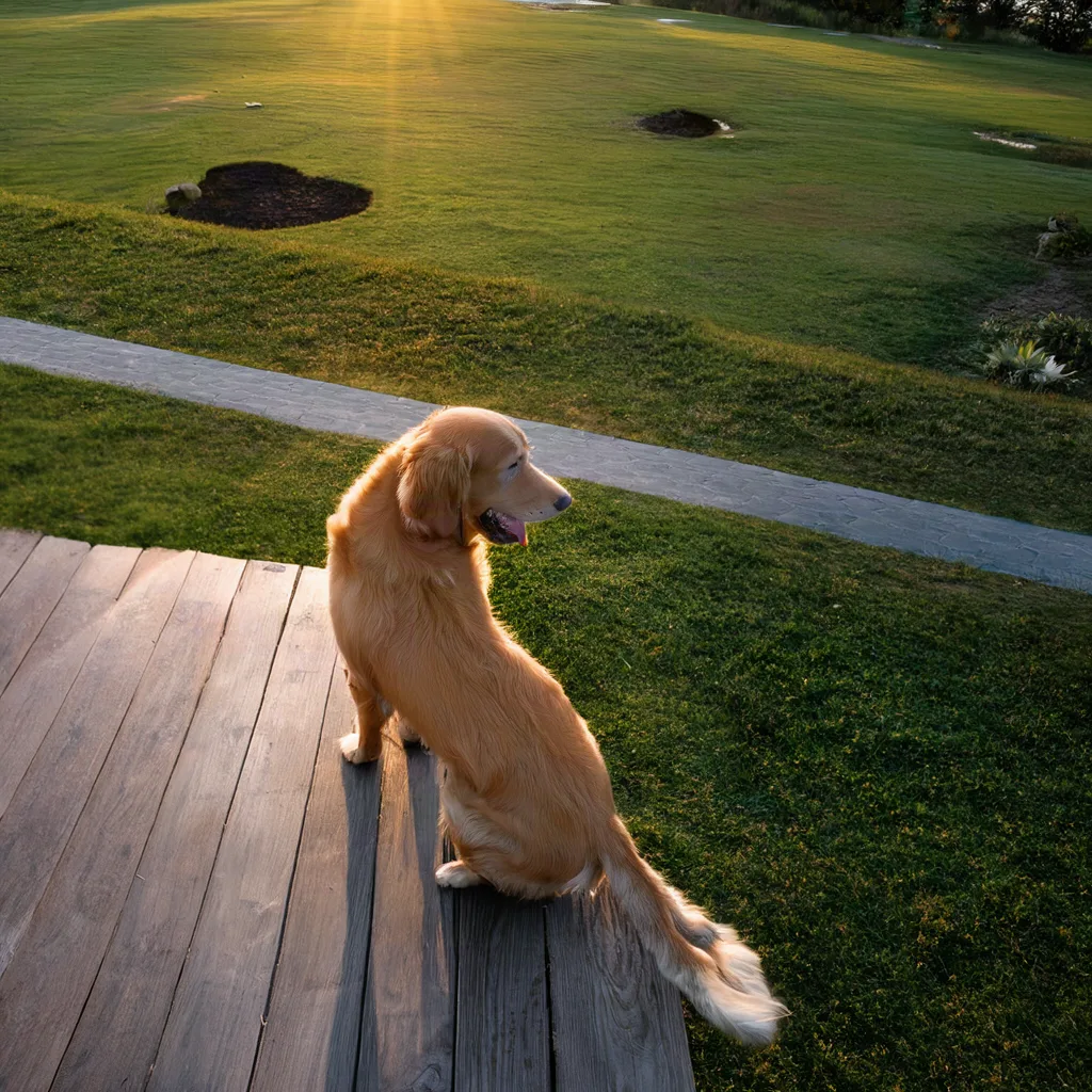The retriever re-rendered by the Multiple Angles LoRA from the right side and above, looking down at the dog on the porch with the lawn behind it