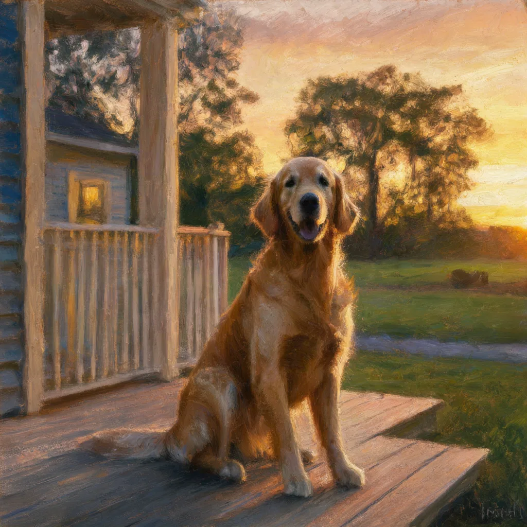 The retriever photo turned into an oil painting with the Monet-style LoRA: the same dog, porch, trees and sunset, now in loose brushstrokes