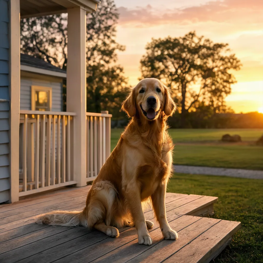 A photorealistic golden retriever sitting on a wooden porch at sunset, used as the source photo for the edits below