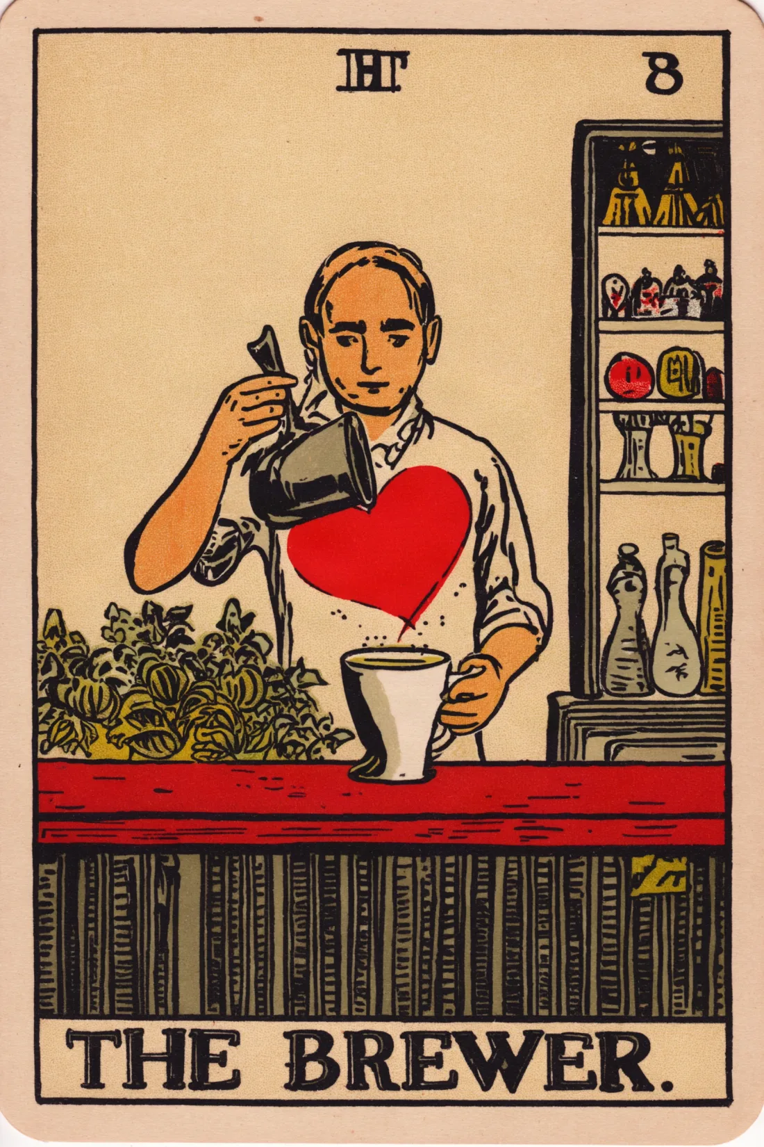 A tarot card made with FLUX 3 Klein and the Tarot LoRA: a barista in a white shirt pours a red heart into a cup behind a red counter, with shelves of bottles and the title THE BREWER at the bottom, in flat woodcut-style colours