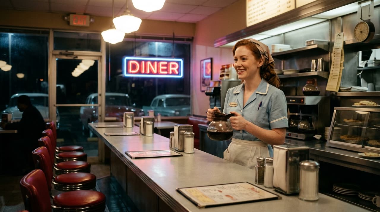 A 1950s American diner at night with a red-haired waitress in a pale blue uniform holding a coffee pot behind a chrome counter, a red DINER neon sign in the window, used as the first frame for HeyGen Video