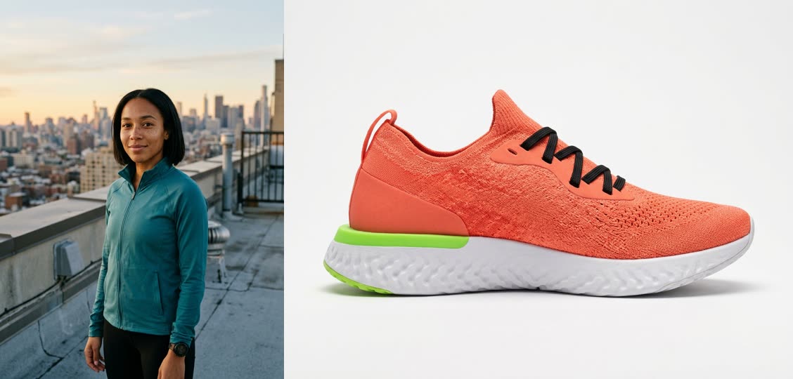 The two reference images: a young woman runner in a teal jacket on a city rooftop at dawn, and a coral orange running sneaker with black laces and a lime green heel on a white background