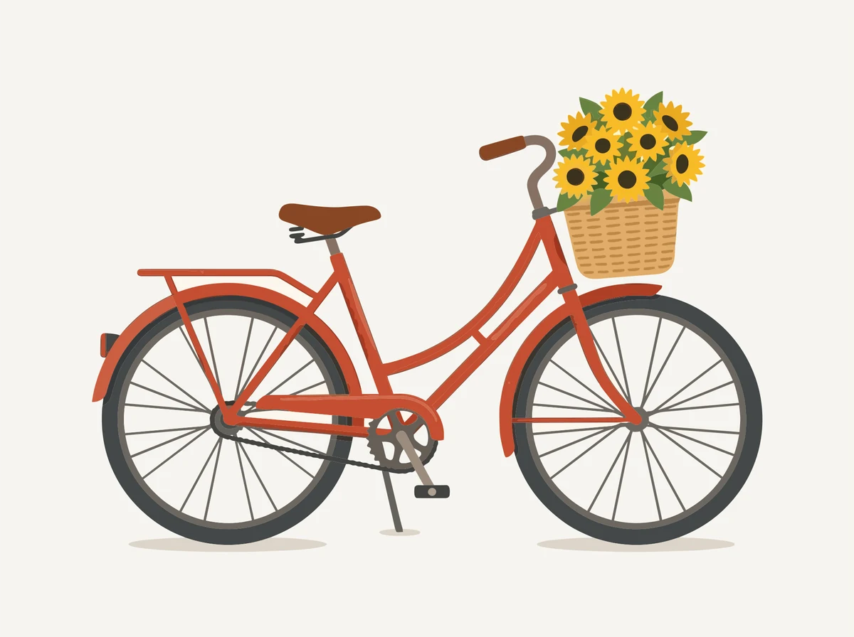 The bicycle illustration after conversion to SVG with Ideogram Vector, matching the original's colours, spokes, basket weave and sunflowers