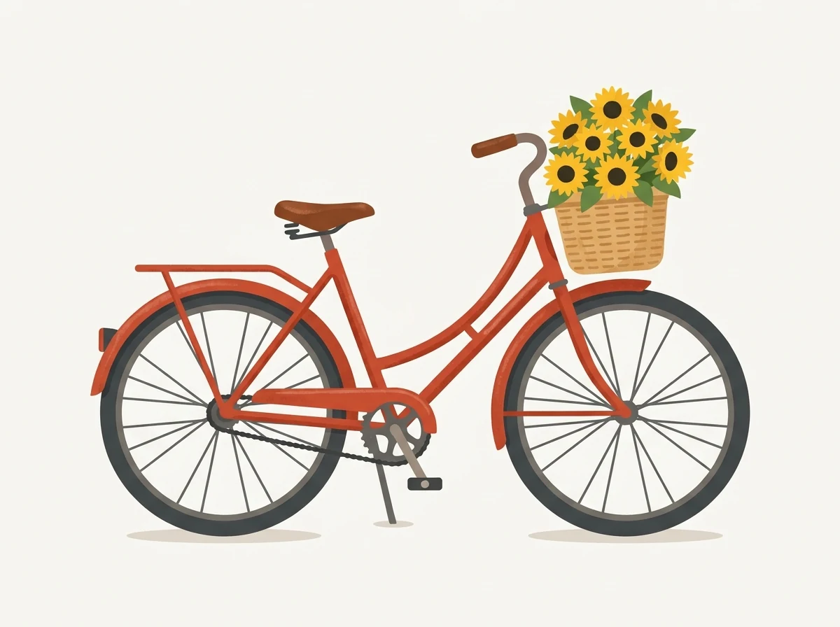A flat illustration of a red vintage bicycle with a wicker basket full of sunflowers on an off-white background, the raster image used as the source for the SVG conversion