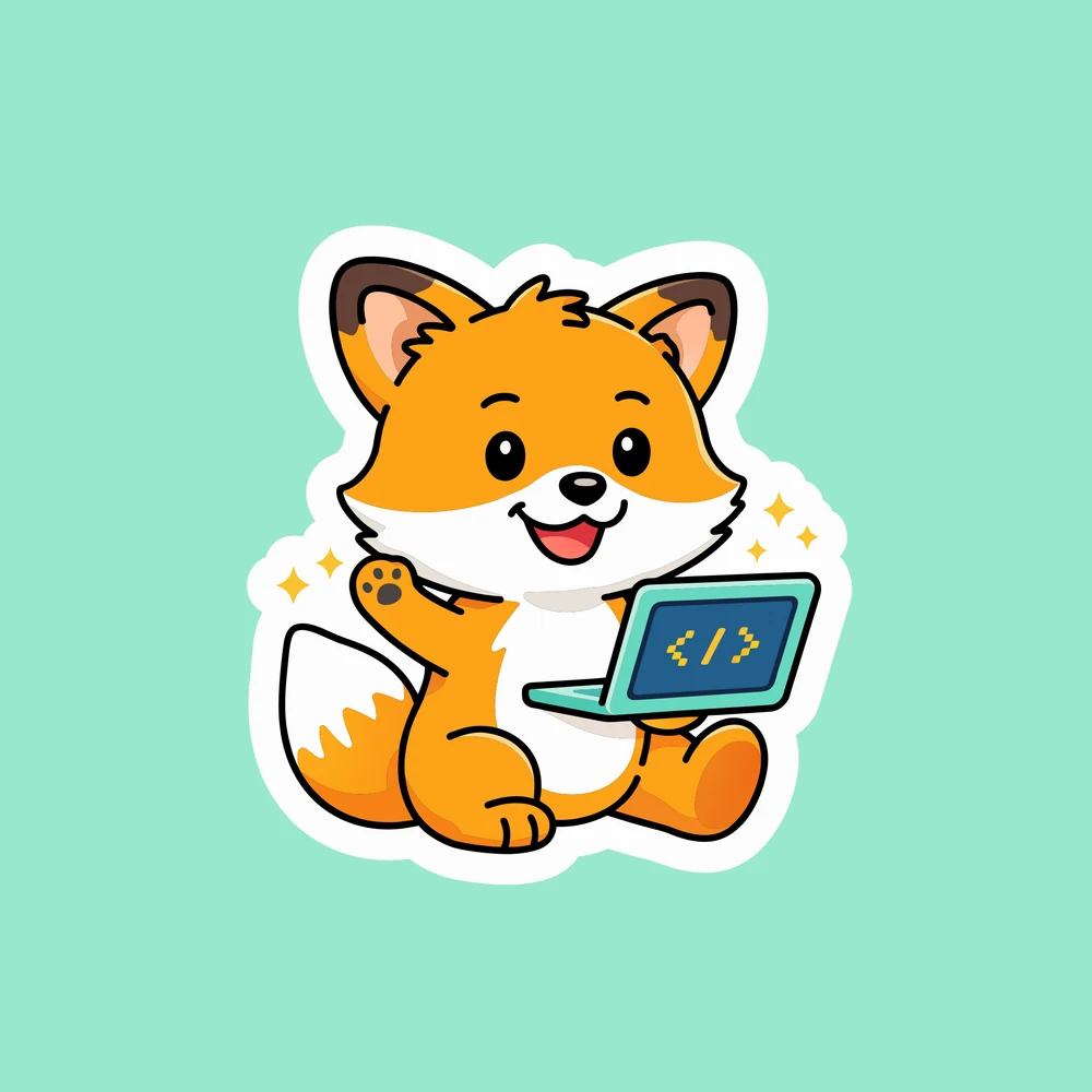 A cute orange fox mascot sticker made with Ideogram Vector, waving one paw and holding a small teal laptop showing a code symbol, with a thick white sticker border on a mint background