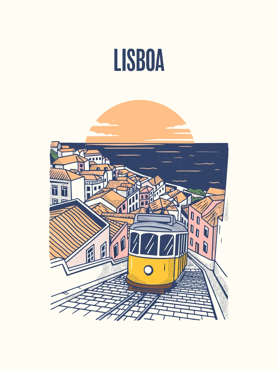 A mid-century style travel poster for Lisbon made with Ideogram Vector: a yellow tram climbing a steep cobbled street between terracotta rooftops, the river and a peach sun behind, and the word LISBOA in a navy condensed headline at the top