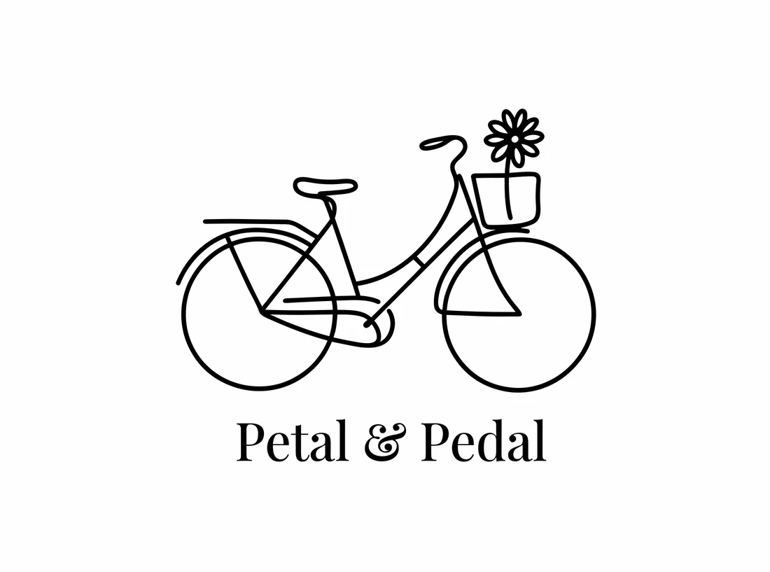 A minimalist black line-art logo made with Ideogram Vector from the bicycle image: a bicycle with a single sunflower in its basket drawn in thin continuous strokes, with the name Petal and Pedal in an elegant serif below