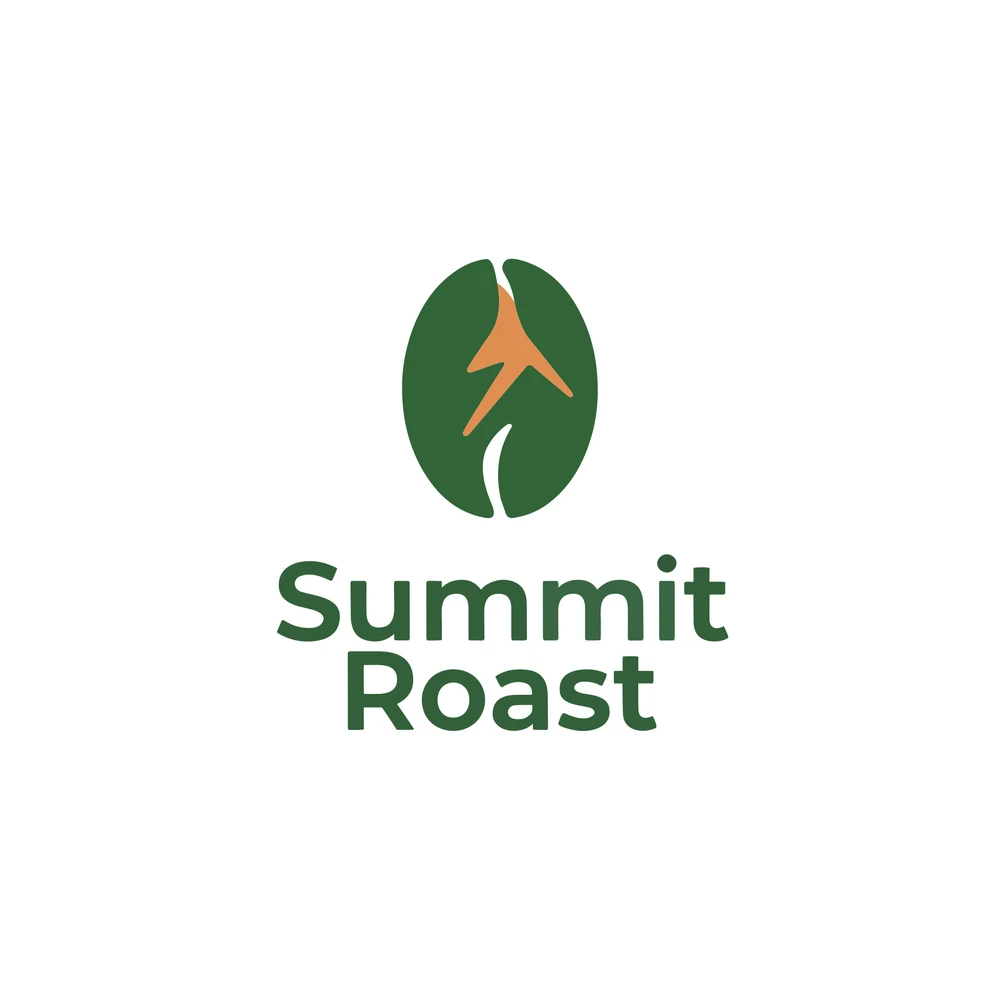 The Summit Roast logo made with Ideogram Vector: a forest green coffee bean whose centre line forms a copper mountain peak, with the name Summit Roast in bold rounded green letters below