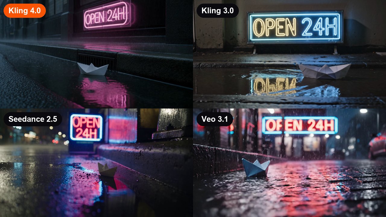Frames at 6 seconds from Kling 4.0, Kling 3.0, Seedance 2.5 and Veo 3.1 for the same prompt: Kling 4.0, Kling 3.0 and Seedance 2.5 spell the neon sign OPEN 24H correctly, while Veo 3.1's P is broken so it reads closer to OFEN 24H