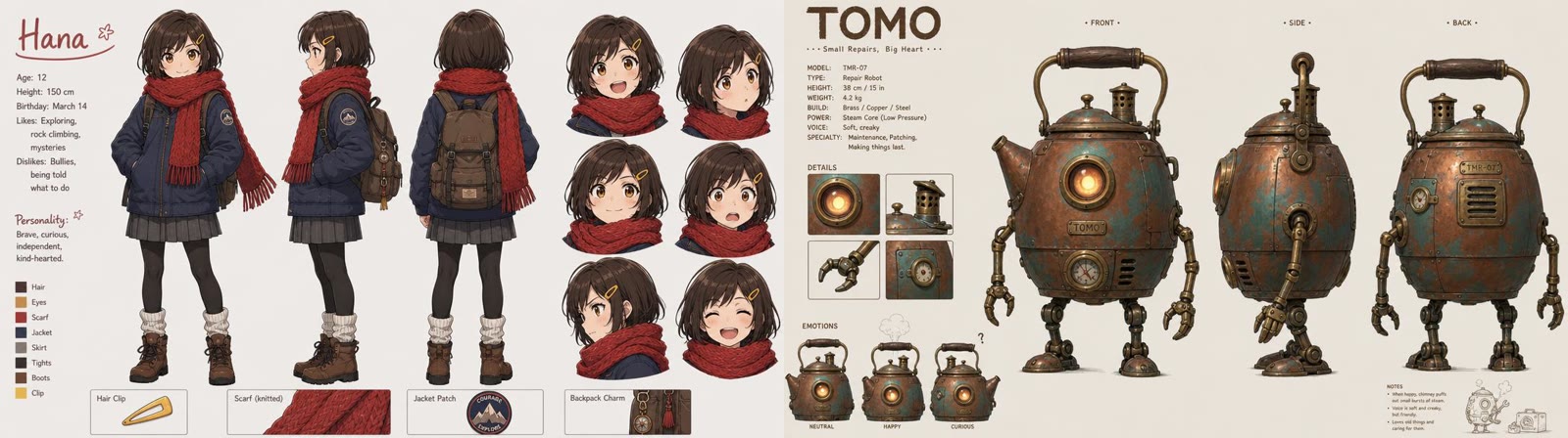 Anime character reference sheets made in Story Creator: Hana, a 12-year-old girl with a dark-brown bob, yellow hair clip and red knitted scarf, and Tomo, a rusty copper kettle-shaped repair robot with one glowing amber eye
