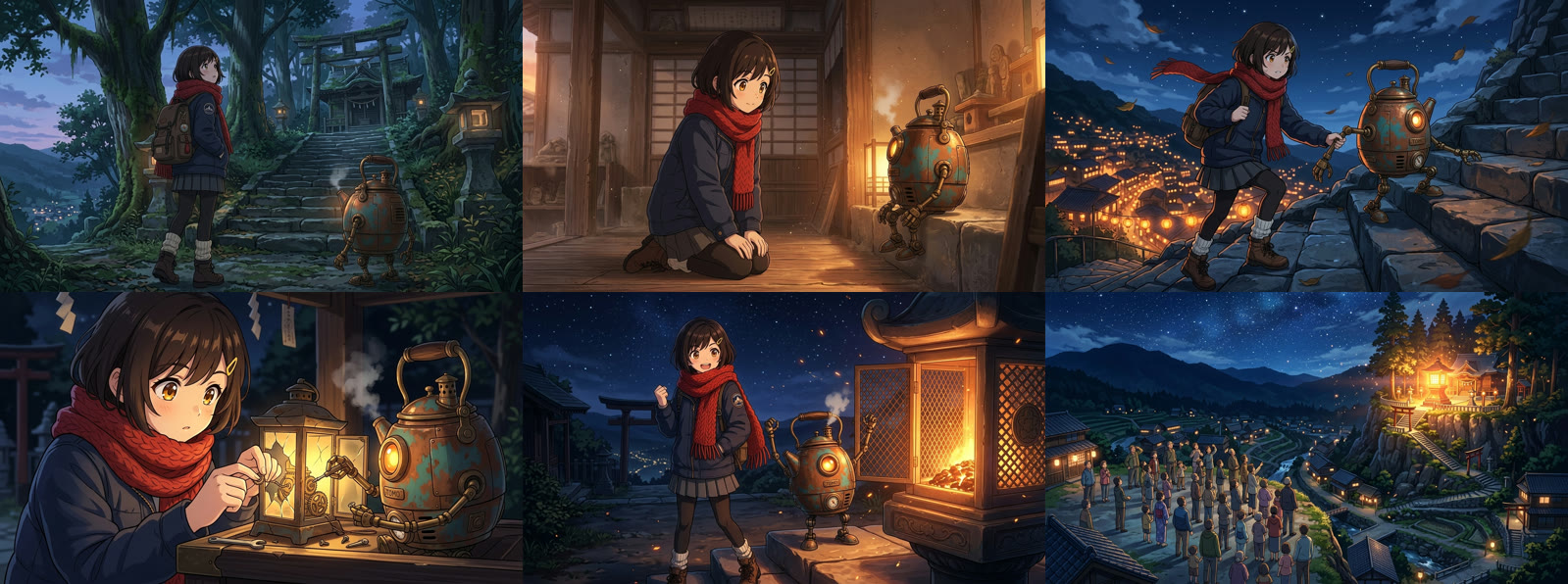 Six anime keyframes from The Lantern Keeper of Kiriyama: Hana and Tomo at the shrine steps, Hana waking Tomo inside the shrine, the two climbing in the wind above the village lights, fixing the cracked lantern, the lantern lit, and the villagers looking up