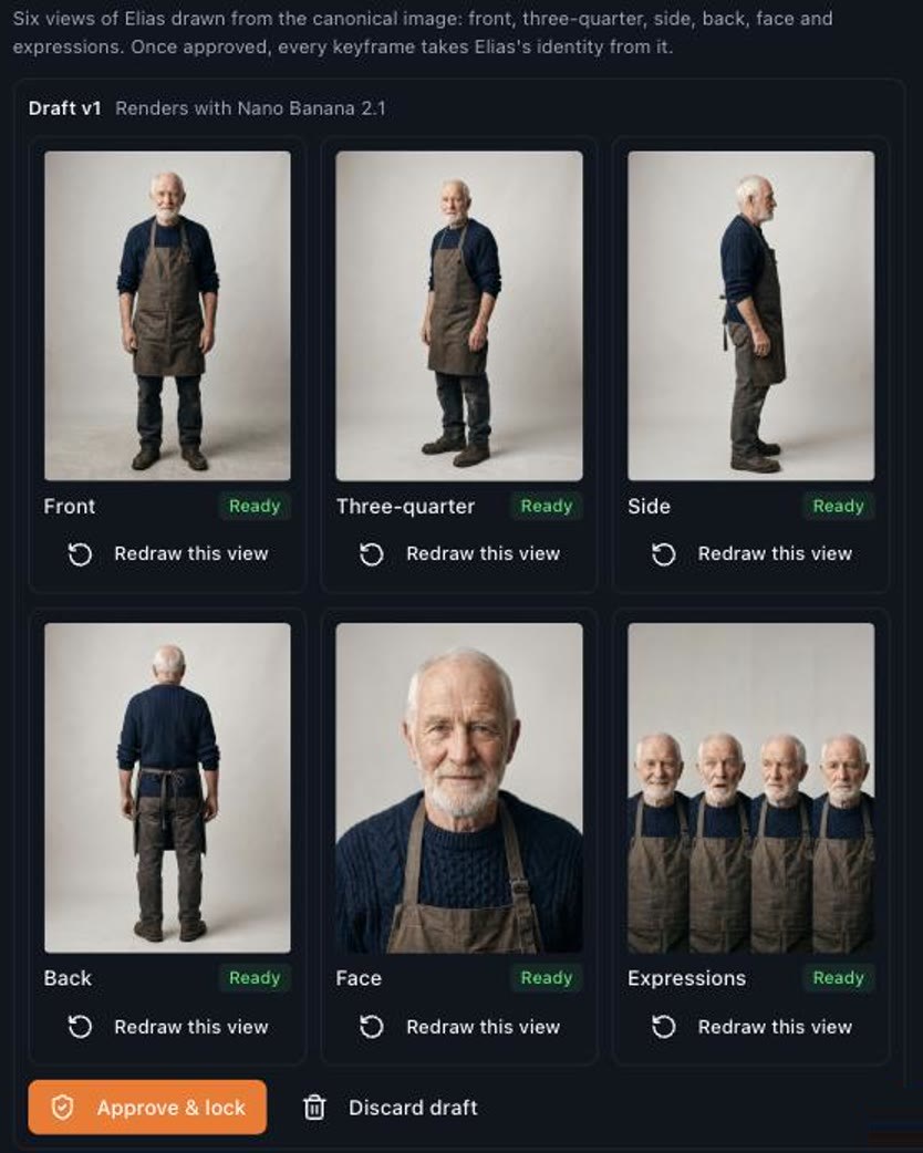 A six-view photorealistic identity sheet in Story Creator for Elias, a fictional man in his seventies with a white beard, navy fisherman's sweater and brown canvas apron, shown from the front, three-quarter, side and back, with a face close-up and expressions