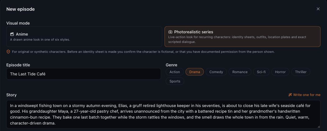 The Story Creator new-episode form with Photorealistic series selected, the episode title The Last Tide Café, the Drama genre and the story typed in