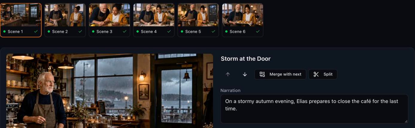 The live-action storyboard in Story Creator: six photorealistic keyframes of Elias and Maya in the café, with the first scene, Storm at the Door, open beside its narration