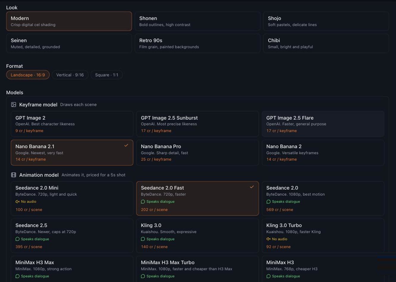 The model picker in Story Creator, with Nano Banana 2.1 selected for keyframes and Seedance 2.0 Fast selected for animation