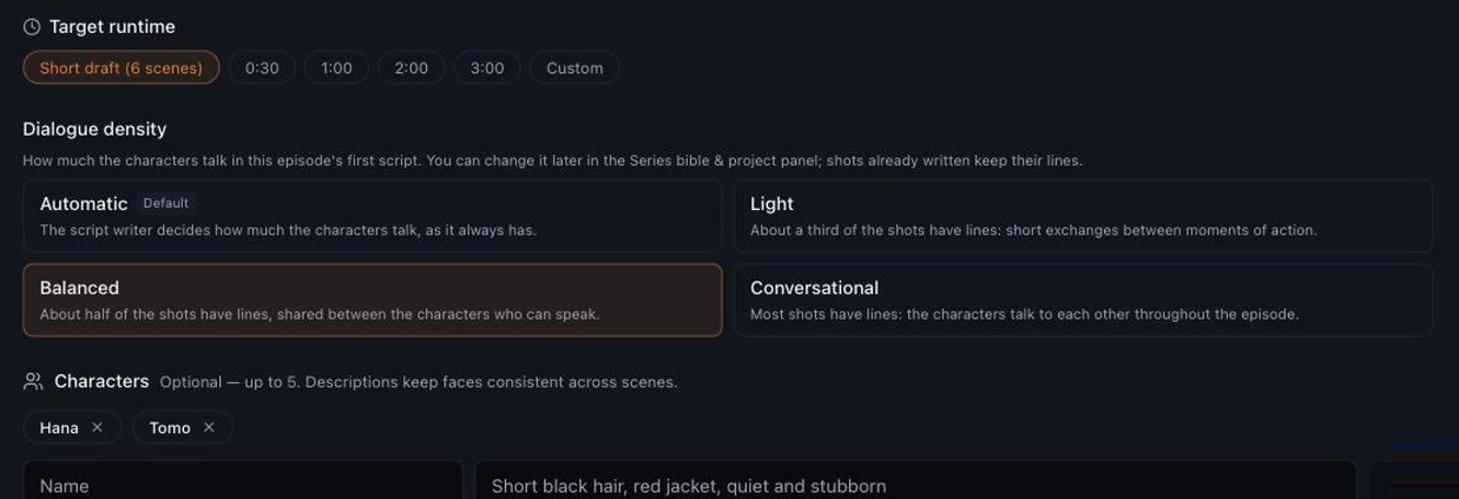 Story Creator's runtime options, the dialogue density choices with Balanced selected, and the characters Hana and Tomo added to the episode