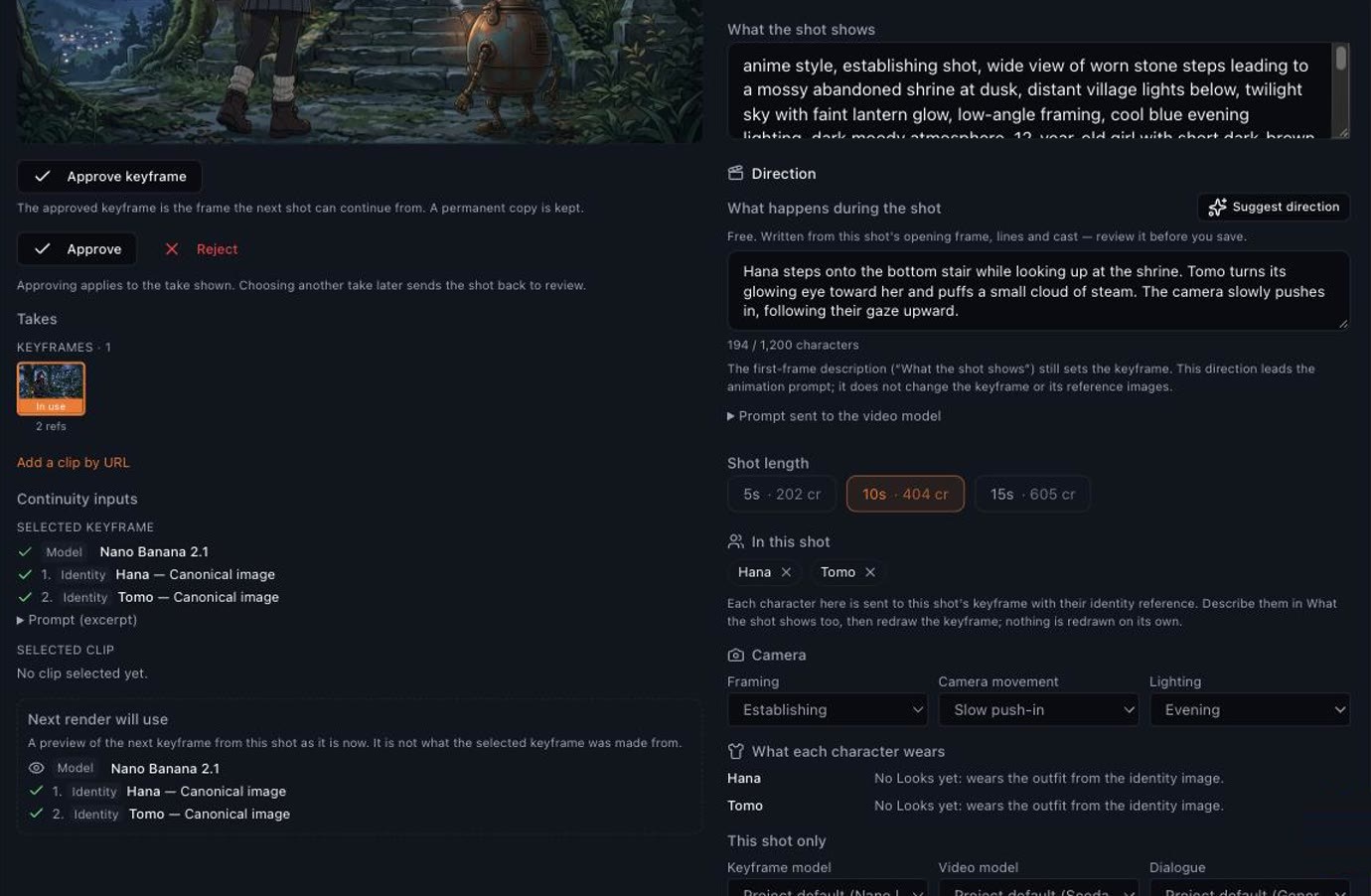 Shot controls in Story Creator: the direction text, shot length options, the characters in the shot, and camera framing, movement and lighting menus