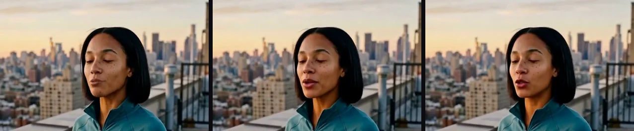 The same frame three seconds into the runner clip in English, Spanish and Brazilian Portuguese, side by side: her face, hair and the skyline are identical, and only the shape of her mouth changes with each language