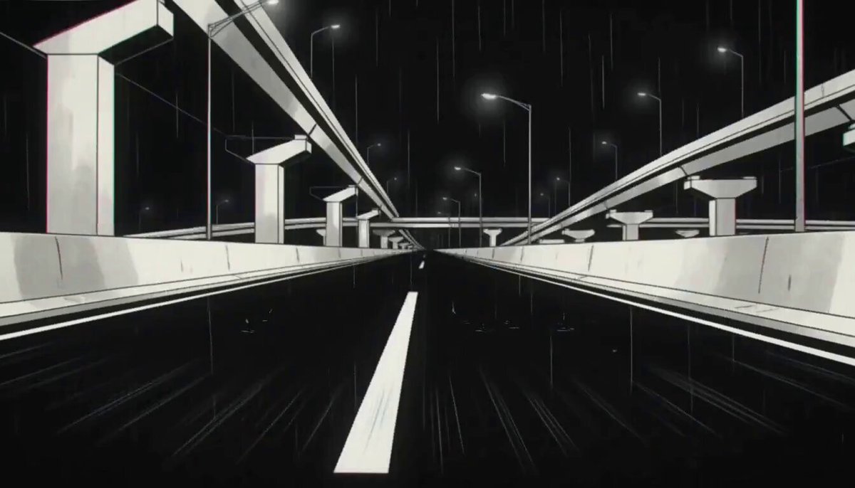 Neon Circle AI motion film frame: inked 1980s-style night city street in black and white with hard perspective