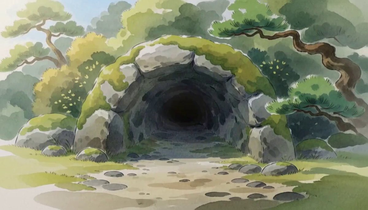 Painted Journey AI video frame: hand-painted watercolor tunnel entrance in lush greens